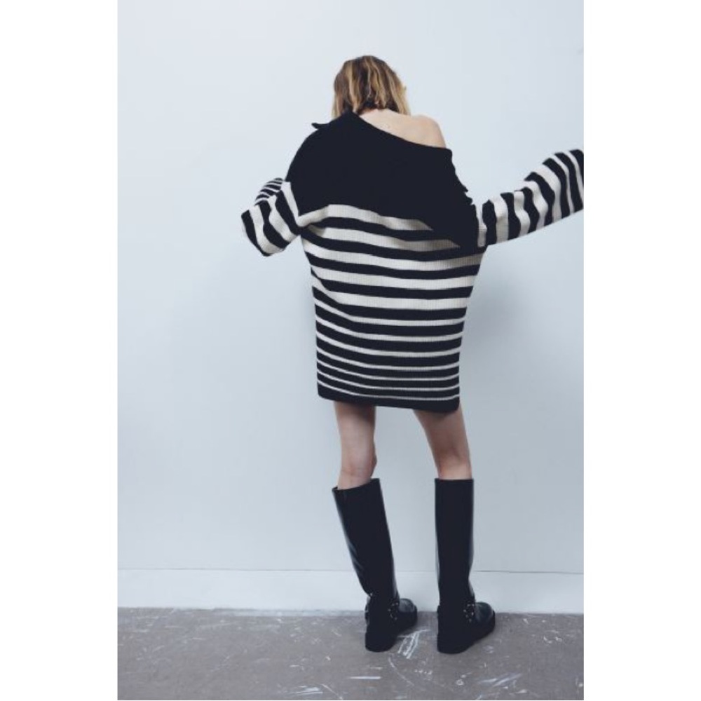 Black/Cream Striped Rib Knit Half Zip Sweater - Picture 5 of 9